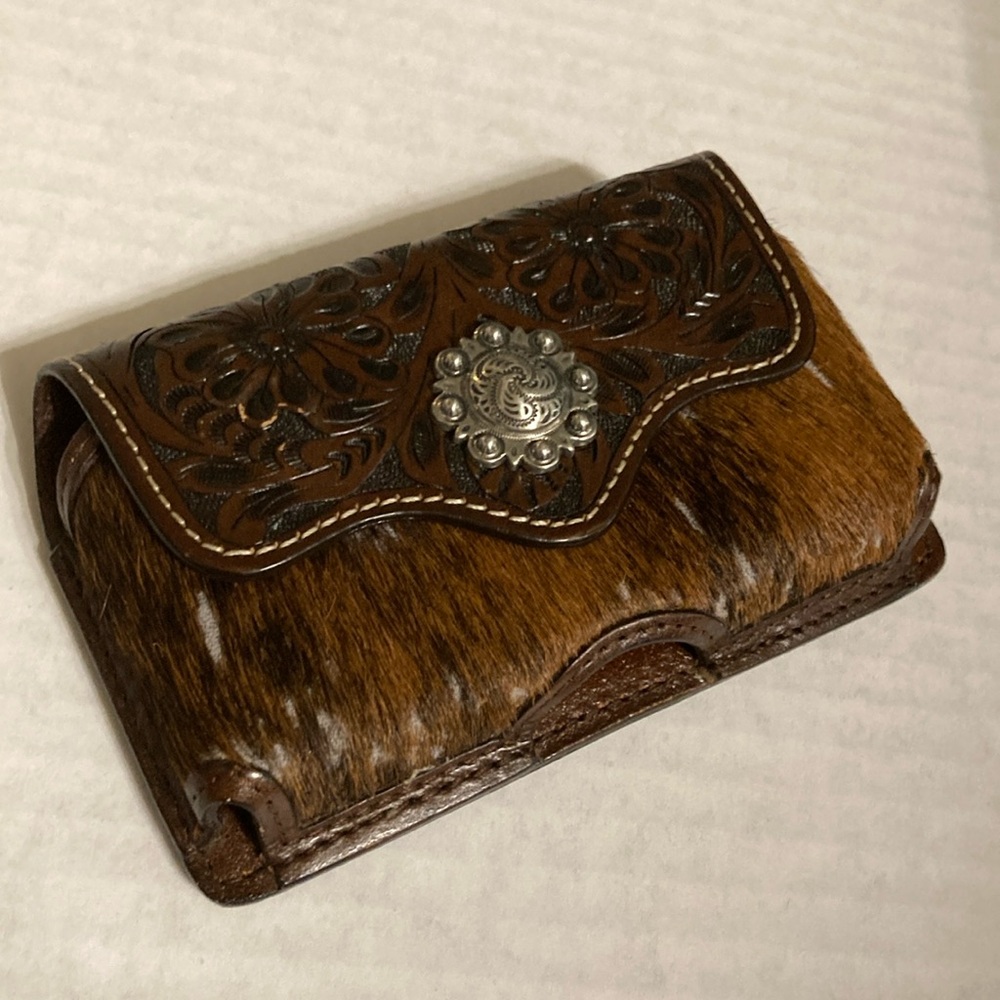 Numbered genuine hand tooled leather phone case with hair